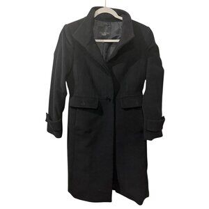 Talbots Womens Black Wool Blend Long Coat Size 6P With Button Front & Folded Cuf